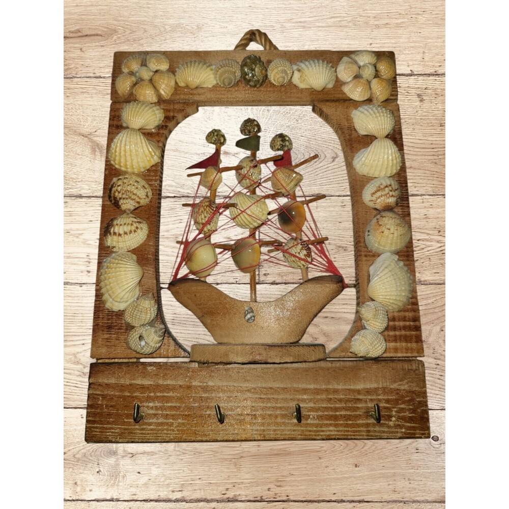 Vintage Handmade Wood Seashell Sail Boat Ship Wall Hanging Key Hooks Nautical - Picture 3 of 8